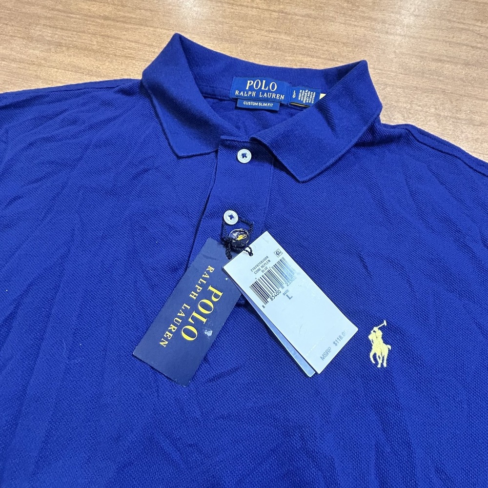 Polo Ralph Lauren Polo Shirt Mens L Blue Custom Slim Fit Knit Cotton Pony NWT